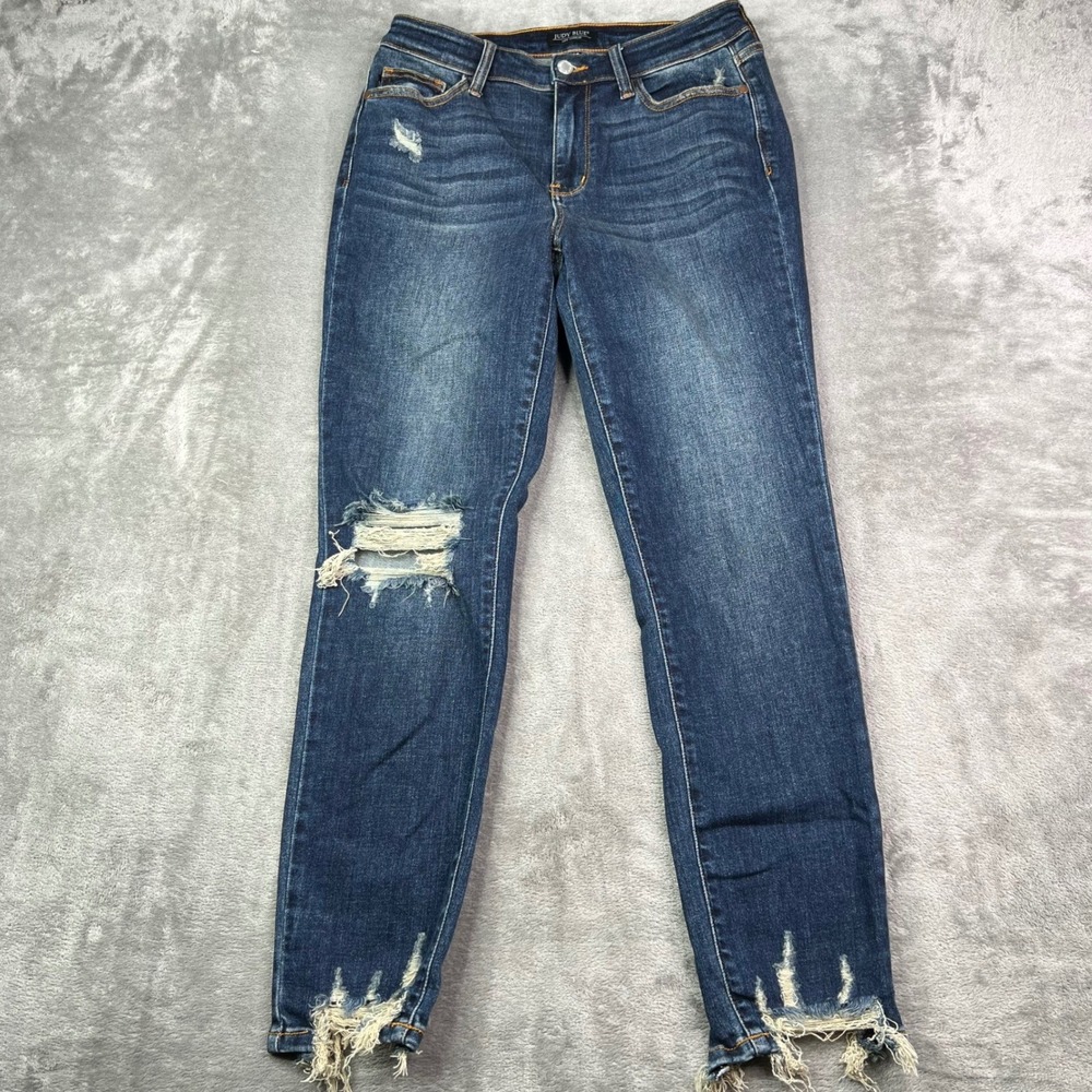 Judy Blue Relaxed Fit Jeans Womens 9/29 Dark Wash Stretch Distressed Frayed Hem